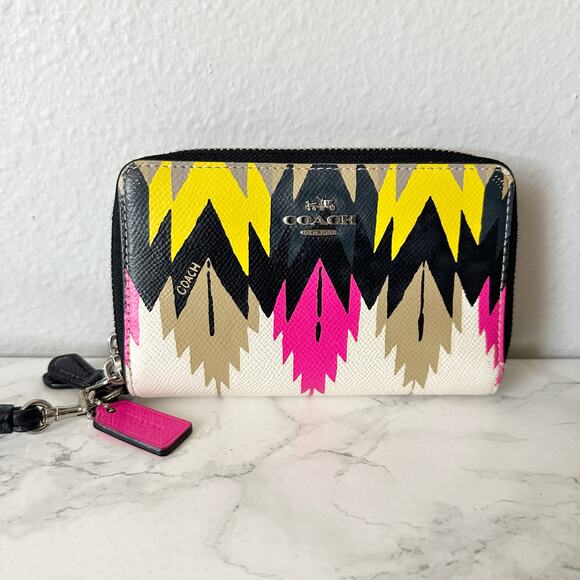 Coach Handbags - Coach Multicolor Zigzag Zip Wristlet - Yellow, Pink, Black, Tan, White